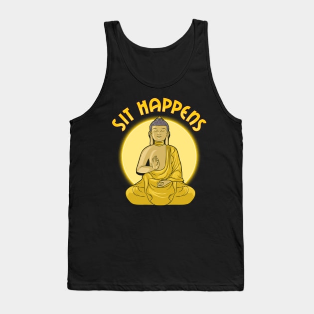 Sit Happens Funny Meditation Pun Monk Meditating Tank Top by theperfectpresents